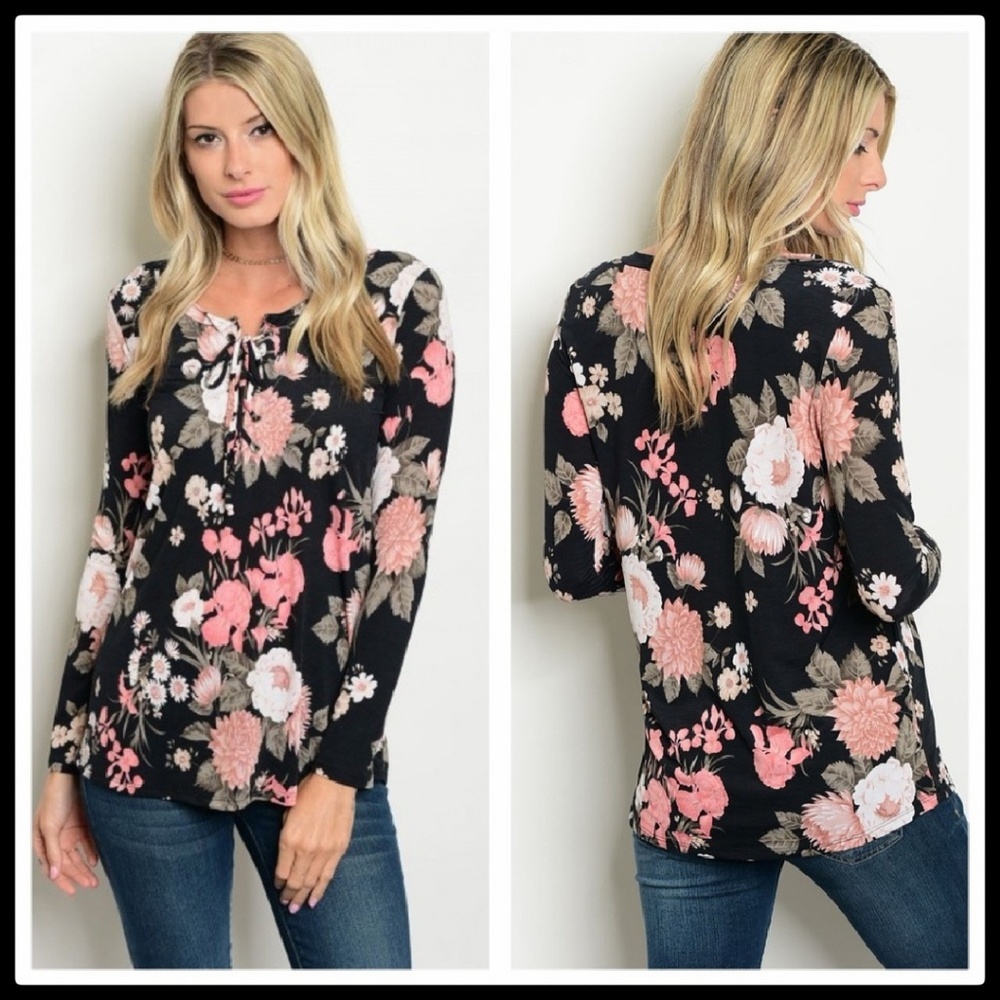 Women's Blouse Exquisite Lace Up Floral Print, NIP - Picture 1 of 6